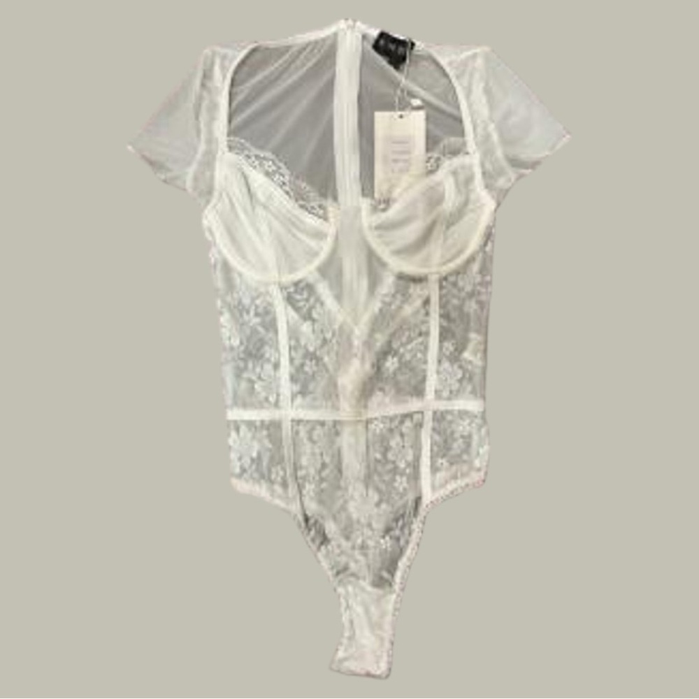 Frenchy style 90s Y2k White Lace Corset Short Sleeve Sleeve Bodysuit Back Zip 14